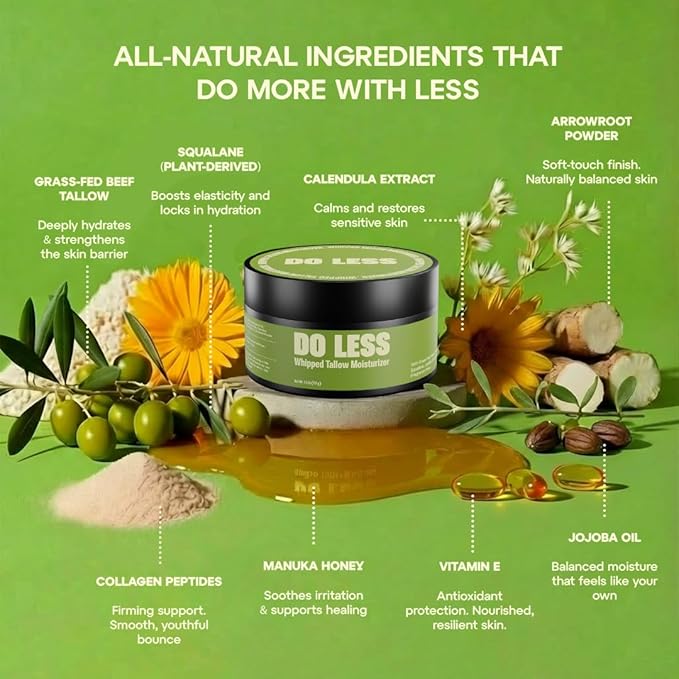 Do Less Whipped Beef Tallow Cream. Grass-Fed, All-Natural Moisturizer with Manuka Honey, Jojoba Oil & Vitamin E for Face and Body Nourishment, 4oz