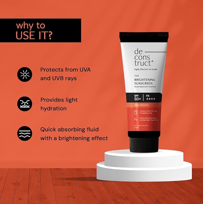 Deconstruct Brightening Fluid Sunscreen SPF 50+ with Niacinamide | Lightweight, Dewy & Hydrating for Dry & Normal Skin | Broad Spectrum UVA/UVB Protection | 8-Hour Long-Lasting, Water-Resistant | 50g