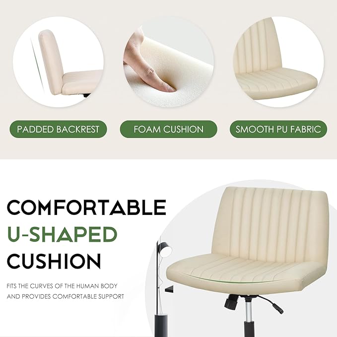 PayLessHere | Criss Cross Chair | Beige | Wide, Armless Desk Chair Without Wheels | 360 Swivel, Height Adjustable & Stable Metal Base | for Office, Home Office, Vanity Seating