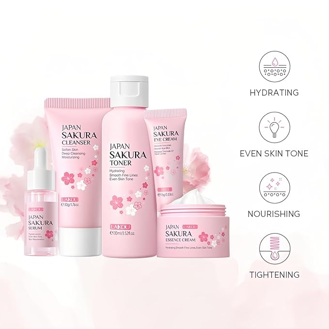 Skin Care Set for Women Girls, Cherry Blossoms Beauty Gift Sets Skin Care Kit with Cleanser, Face Serum, Face Cream,Toner,Eye Cream（5pcs Skin Care Kit）