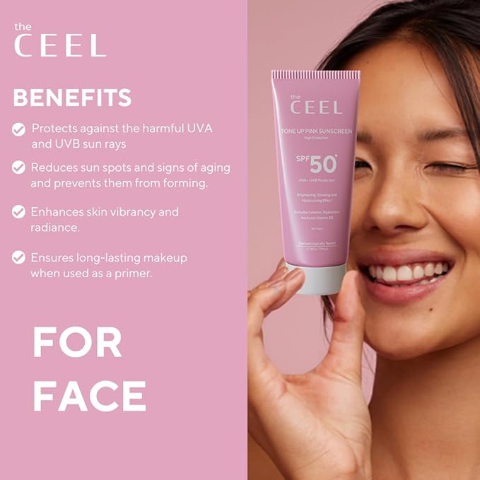 The Ceel Pink Tone Up Sunscreen for Face with SPF 50+ & Hyaluronic Acid - Brightening, Glowing & Moisturizing Facial Primer with Calamine & Vitamin B5 for All Skin Type - Paraben & Perfume Free - 50ml