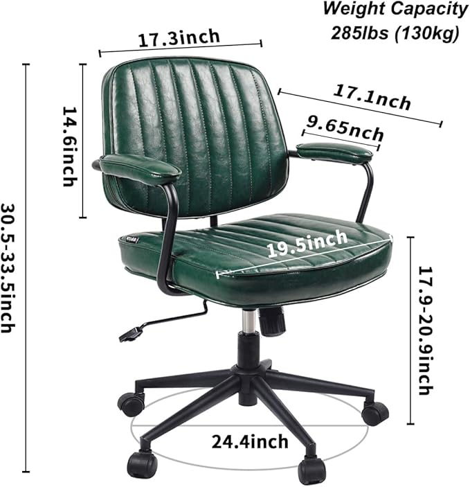 Artswish Mid Century Office Desk Chair - Green Leather Home Office Chair with Wheels and Arms