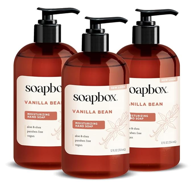 Soapbox Liquid Hand Soap, Vanilla Bean - Gentle, Moisturizing Hand Cleanser, Vegan, Cruelty Free Hand Soap for Bathroom and Kitchen, 12oz Pump Bottles (Pack of 3)