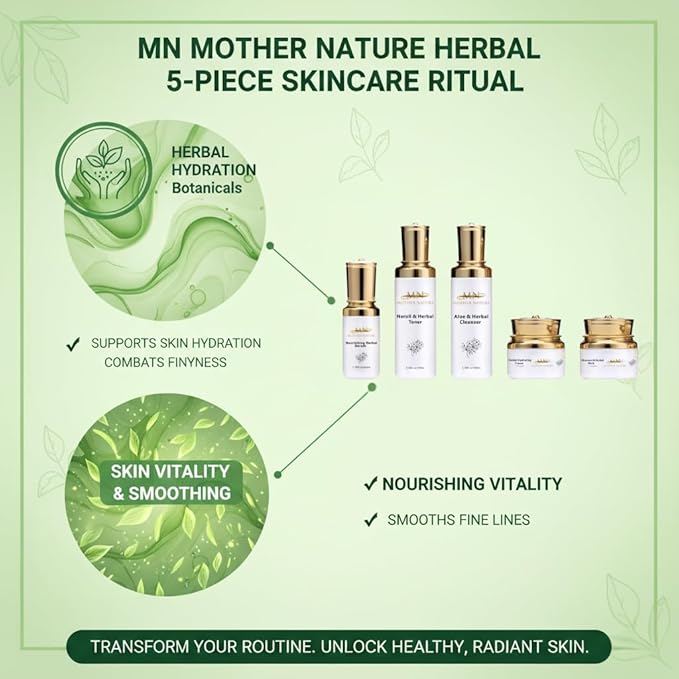 MN Mother Nature Herbal 5-Piece Skincare Set – Aloe Cleanser, Neroli Toner, Rhassoul Mask & Hydrating Cream – Organic Formula for Smooth, Healthy-Looking Skin – Daily Moisture & Vitality Routine