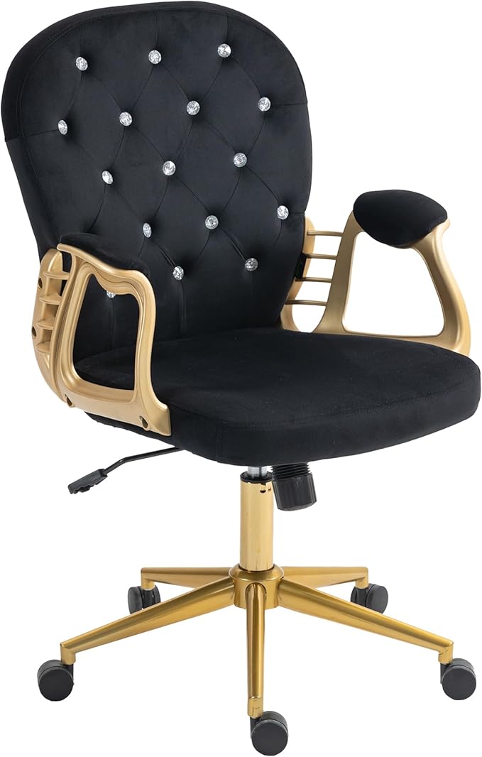 Velvet Home Office Desk Chair Comfy with Gold Base, Comfortable Swivel Makeup Chairs for Vanity with Back and Wheels, Button Tufted Armchair Rolling Chair for Girls Women Study Bedroom, Black
