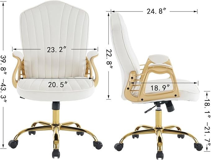 Velvet Home Office Chair with Gold Arms and Legs, Comfortable Upholstered Tufted Swivel Desk Chair Comfy with Wheels for Girls Women Study Bedroom Living Room,Cream