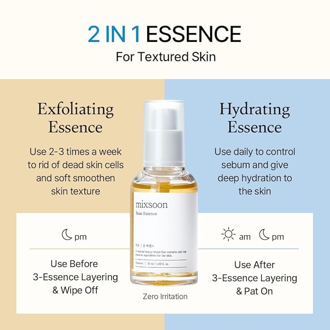 mixsoon Bean Essence Exfoliating, Snail Mucin Moisturizer for Hydrating, Fermented Bean Extract, Gentle Formula for Smooth Skin 50ml / 1.69 fl.oz. Korean Glass Skin Care