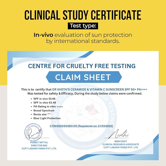 Dr. Sheth's Ceramide & Vitamin C Sunscreen In-Vivo Tested Protects, Moisturizes & Brightens Skin SPF 50+ PA++++ Lightweight, Leaves No White Cast 50 g