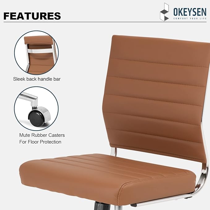 Okeysen Brown Armless Office Desk Chair, Mid Back Ergonomic Swivel Conference Room Chairs, Adjustable Height PU Leather Home Desk Chair, Modern Small Rolling Computer Task Chair