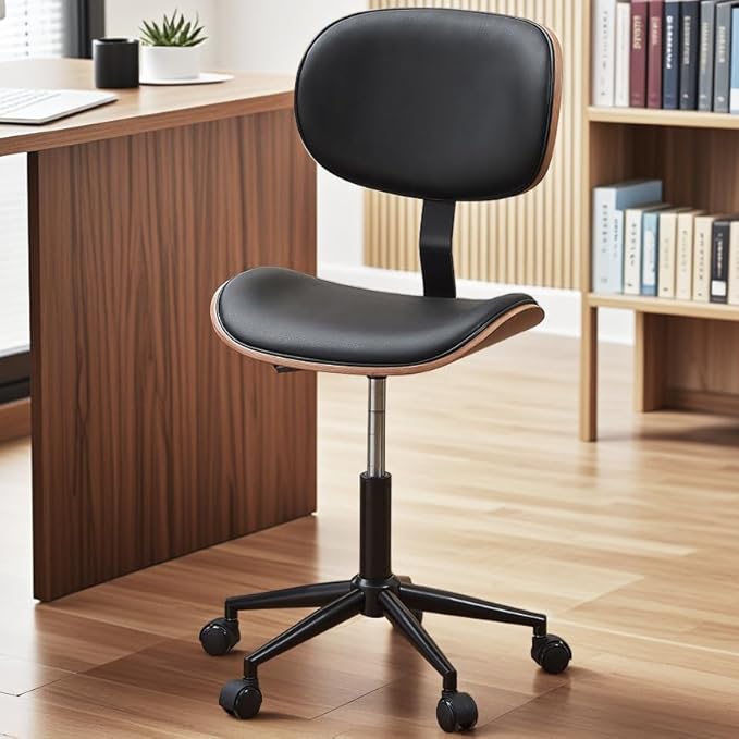 Bestier Small Office Chair with Bentwood Back Support, Armless Desk Chair with 360° Swivel, Height Adjustable Computer Chair with Wheels, PU Leather Modern for Office, Small Space, Black
