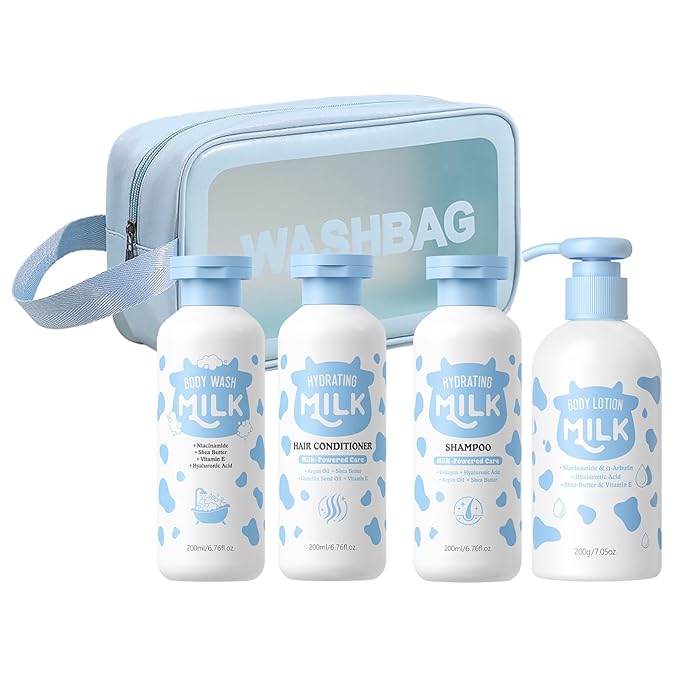 Milk Skincare Set 5-in-1 for Kids & Teens Girls 8-12, Gentle Milk Extract Bathing Cleaning Kit with Body Wash, Shampoo, Hair Conditioner, Body Lotion, Makeup Bag(Set B)