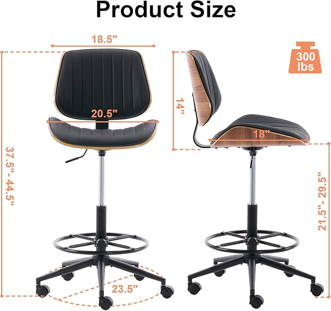 Drafting Chair, Ergonomic Office Chair with Walnut Wood Back Support, Armless PU Leather Desk Chair with Height-Adjustable, Thick Cushion for Home, Bar, Drafting, Office (Black)