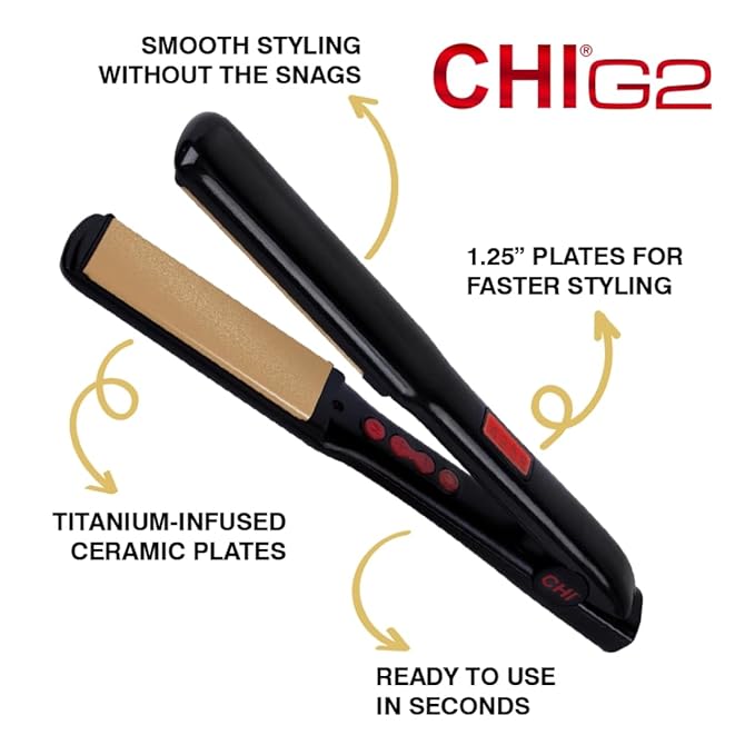 CHI G2 Titanium Infused Ceramic 1.25" Flat Iron Hair Straightener, Digital Temperature Control, Color-Coded Heat Settings for All Hair Types, Fast Heat-Up & Smooth Frizz-Free Finish