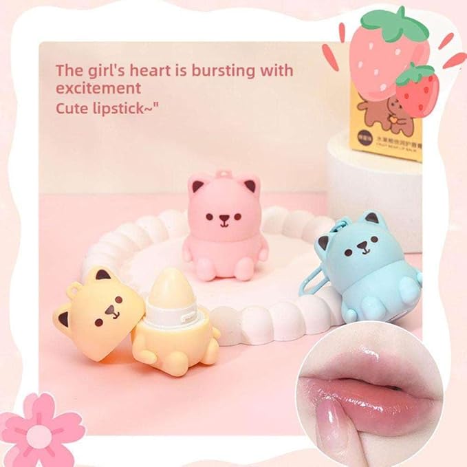 Cute Little Bear Lip Balm for Children,Anti-Dry Anti-Crack Moisturizing Lip Gloss,Natural Ingredients Lipsticks Lip Care Products,Fruit Flavored Lip Stick for Kids (3pcs)