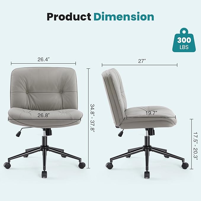 OLIXIS Criss Cross Chair with Wheels, Armless Wide Cross Legged Vanity Office Desk Chair with Comfy PU Leather& Back - Swivel for Home Office Bedroom, Gray
