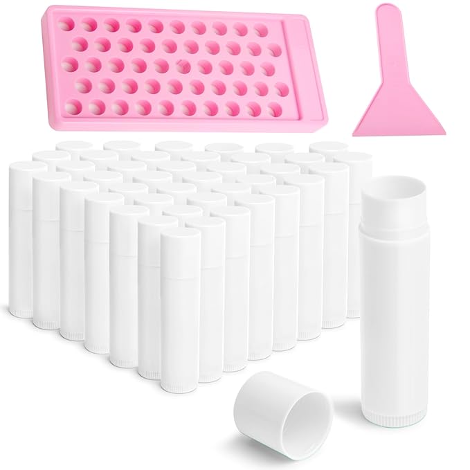 Lip Balm Tubes Kit with Tray and Scraper - 50 Pack 5.5ml (3/16 Oz) BPA-Free Lip Balm Containers, Leak-Free Empty Lipstick Tubes for DIY Lip tube Filling Making Kits