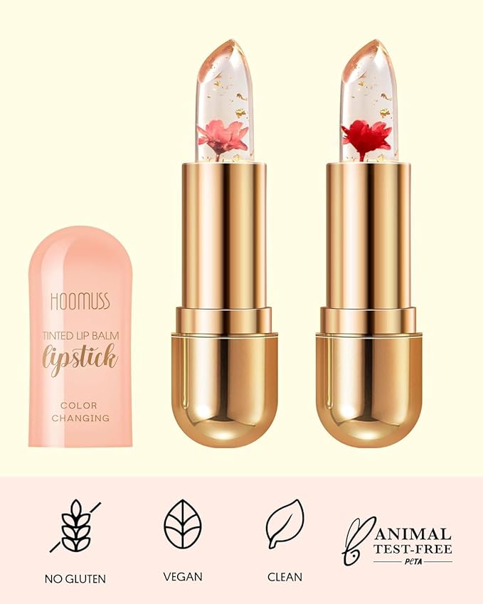 Tinted Lip Balm Flower Lipstick Tinted Lip Gloss Long Lasting PH Lipsticks Color Changing Lipstick Natural Glitter Pink Lip Stick, Pink Flower