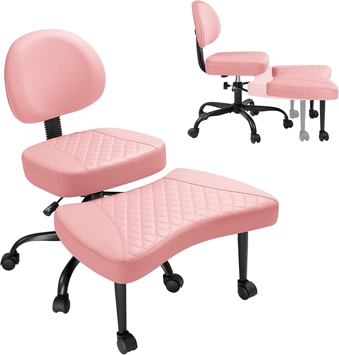GUNJI Ergonomic Criss Cross Legged Office Chair, 360° Swivel Meditation Kneeling Chair with Wheels, ADHD Chair with Footrest, Lumbar Support, Wider Height Adjustable Seat (Pink, Teddy Fleece)