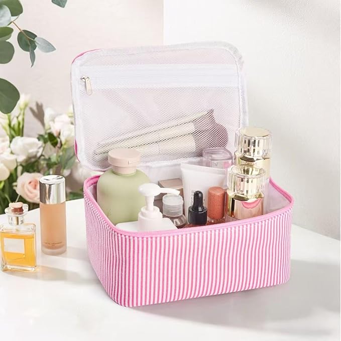 3 Pieces Makeup Bag Set Cute Cosmetic Pouch for Women Seersucker Cosmetic Bag Aesthetic Travel Toiletry Organizer Preppy Small Makeup Purse Pouch Skincare Brushes Storage Organizer for Women (Pink)