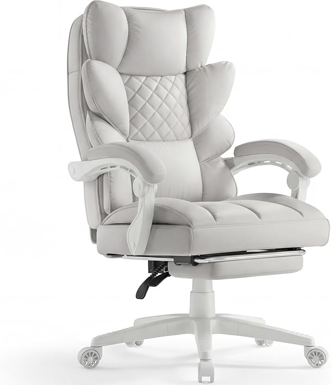 Dowinx Big and Tall Office Chair with Pocket Spring Cushion,High Back Computer Gaming Chairs with Linkage Armrests,Executive Desk Chairs with Footrest,Cloth-White