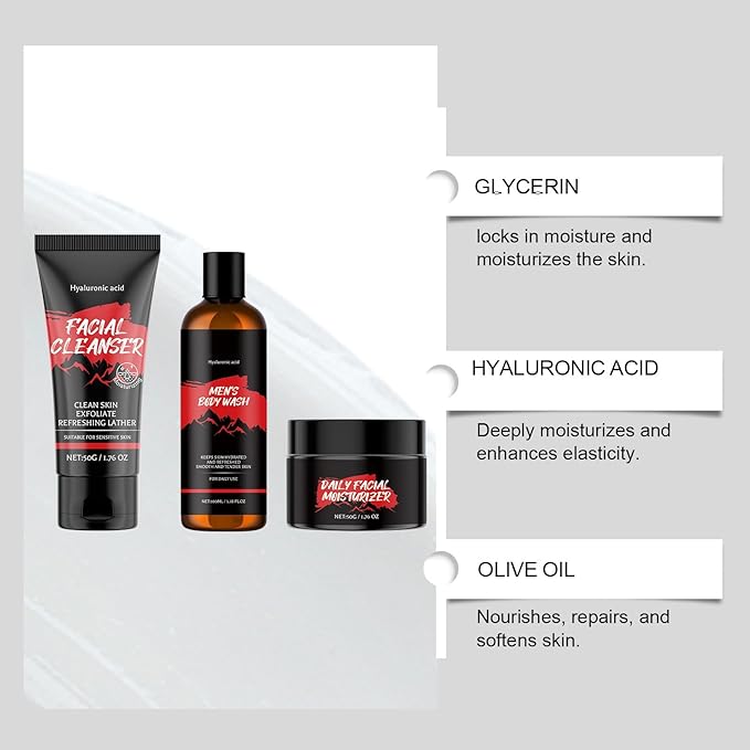 Bath and Skin Care Gift Set for Men, 3 Pieces Nourishing Facial and Body Care Kit Includes Face Wash, Shower Gel, Moisturizer, Valentines Fathers Day Birthday Gifts for Husband Dad Boyfriend Him