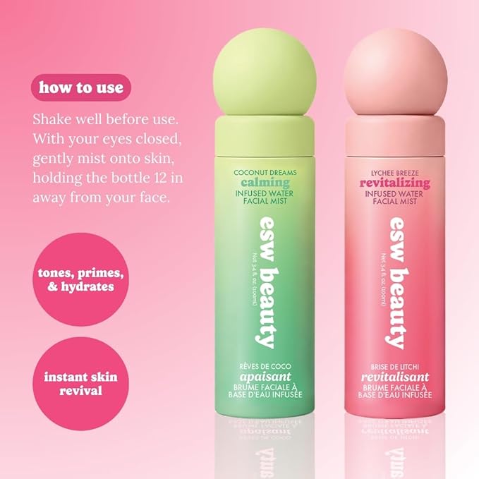 ESW Beauty Lychee Breeze Facial Mist - Hydrating Face Spray Toner with Lychee Water, Lime, Green Tea & Caffeine - Prime & Set Makeup - Revitalizing Mist for Radiant Skin