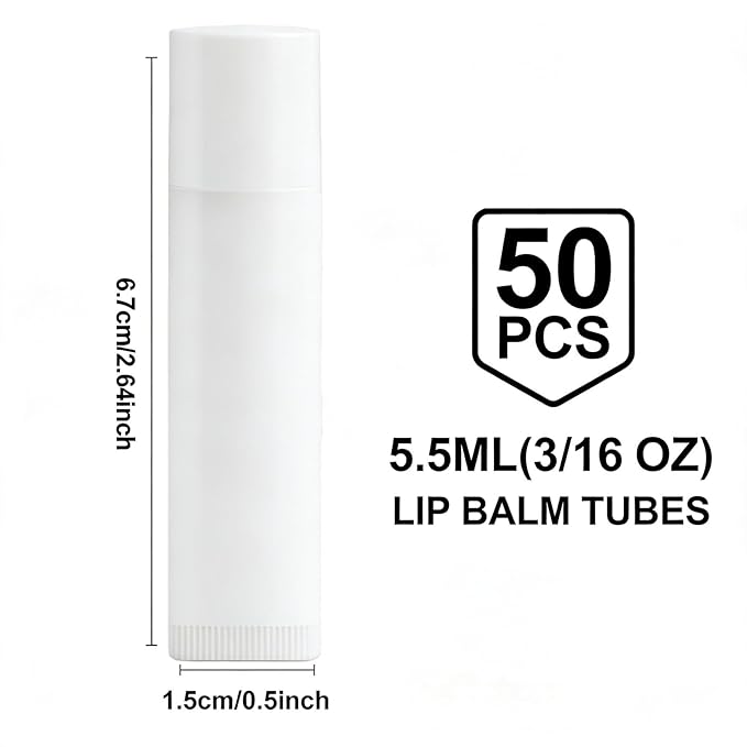 50 Pack Lip Balm Tubes, Empty Cosmetic Containers BPA Free DIY Lipstick Containers with Caps for Lip Balm Making, Round Craft Tubes for Homemade Lip Gloss (White)