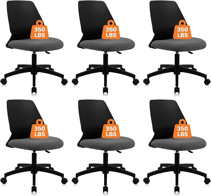 CLATINA Armless Home Office Chairs, Ergonomic Small Desk Chair with Wheels and Soft Thick Upholstered Cushion, Comfy Adjustable Height Swivel Computer Task Chair for Conference Waiting, Black, 6 Pack