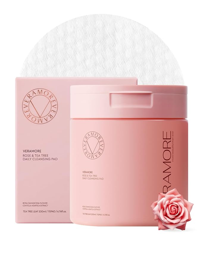 Veramore Rose & Tea Tree Pore Cleansing Pads – No-Rinse Daily Exfoliating Toner Pads with Damask Rose Water & Tea Tree | Gentle Blackhead & Makeup Removal, K-Beauty Skincare, 70 Count (7.05 oz)