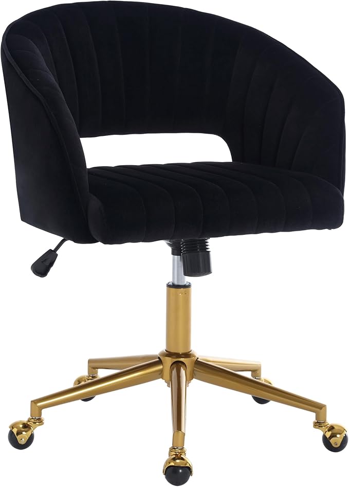 Home Office Swivel Desk Chair, Modern Velvet Vanity Chair, Height Adjustable Armchair with Gold Base, Ergonomic Office Chair for Task Study Computer Room, Black