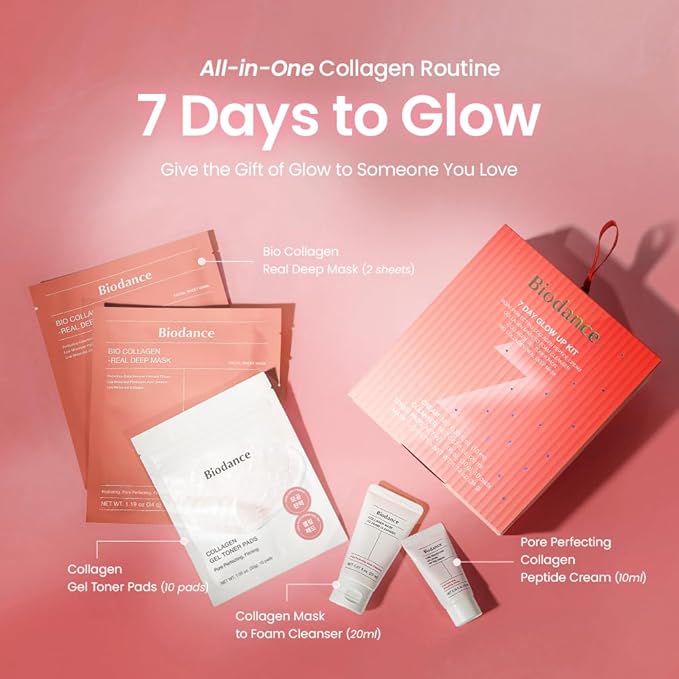 BIODANCE 7 Day Glow Up Kit: Collagen Gift Set for Glass-Skin, Korean Skin Care with Mask to Foam Cleanser, Toner Pads, Moisturizer, Gel Masks, All-in-One Skin Care Set