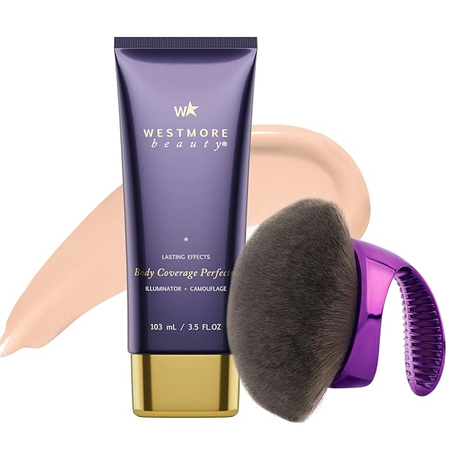 Westmore Beauty Body Coverage Perfector x Blend & Blur Body Brush Kabuki Brush - Waterproof Leg & Body Makeup - Tattoo Cover Up Makeup - 7 Oz Warm Radiance