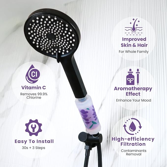 Vitamin C Shower Filter with Aromatherapy, Soften Hard Water, Chlorine & Flouride Removal, Skin & Hair Care, Easy Installation,Universal Fit, Eco-Friendly, Made in Korea (Purple Lavender)