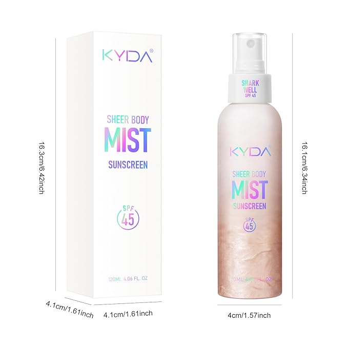 Sheer Body Sunscreen Mist, SPF 45 Ultra-fine Glowing Spray, Lightweight Hydrating Non-Greasy Quick Drying, Infused with Shimmering Radiant Glow Sunscreen Body Oil Mist-Rose,4.06 fl oz
