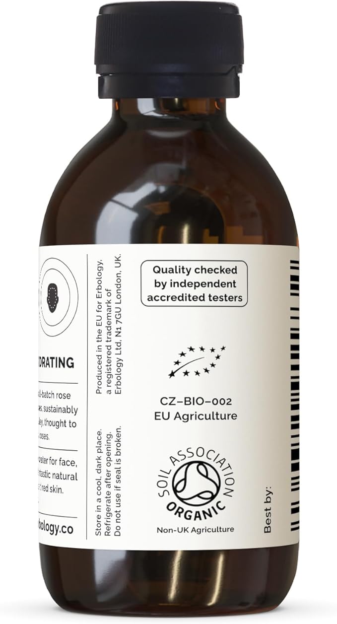 Erbology Organic Rose Water 3.4 fl oz - Distilled from Damask Rose - Premium Food Grade Hydrolate of Rose - Soothes, Hydrates and Calms - Non-GMO - Recyclable Glass Bottle