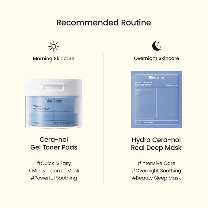 BIODANCE Cera-nol Day & Night Gel Duo: Ceramide Panthenol Mask & Gel Toner Pads Set, Korean Skincare Set for Moisturizing, Hydrating, Soothing, Korean Skin Care, Skin Care Routine Set