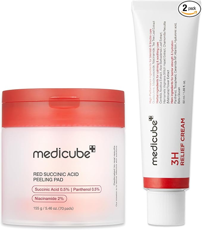medicube Clarifying Pad & Soothing Cream Duo: Red Succinic Acid Pad and 3H Daily Daily Moisturizer | Gentle Exfoliation for Clearer, Radiant Skin | Balance & Comfort Care Routine