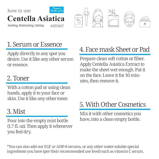 Centella Asiatica Extract 1 fl. oz. Dropper for soothing, moisturizing, and calming skin. using as facial toner or mist. Empty spray bottle included.