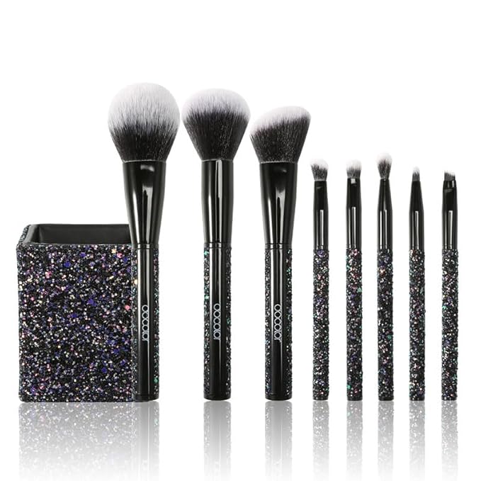 docolor 8PCS Glitter Makeup Brushes with Holder, Make Up Brush Set for Foundation Contour Blush Eyeshadow Eyebrow Blending, Soft Synthetic Bristles (Black)