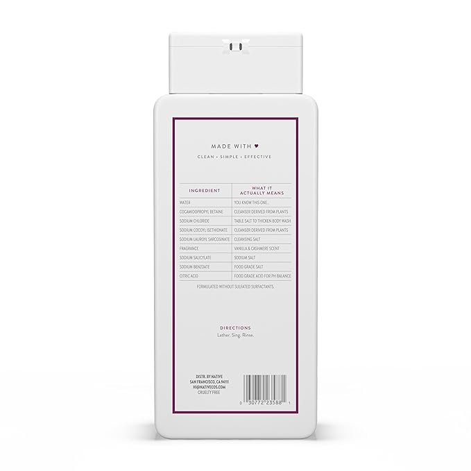 Native Body Wash Contains Naturally Derived Ingredients | For Women & Men, Sulfate, Paraben, & Dye Free Leaving Skin Soft and Hydrated |Vanilla & Cashmere 18 oz