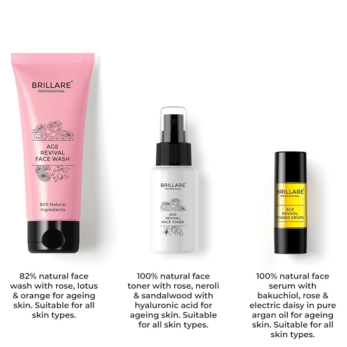 Brillare Age Revival Natural Face Wash, Toner and Face Serum Combo With Hyaluronic Acid, Rose and Sandalwood