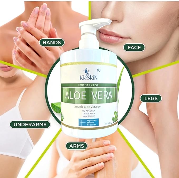 Organic Aloe Vera Gel, 100% Pure Soothing Moisturizer And Hydrating Gel, Fast Absorbing, For Face,Body,Hair,Skin,Scalp And Sunburn Relief, No Alcohol, Big 500ML Pump Bottle.