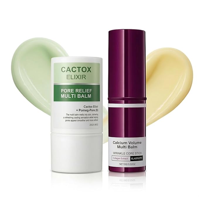 Multi Balm Stick Duo – Calcium & Collagen Firming Wrinkle Stick + Cactus Cooling De-Puff Pore Tightening Stick, All-in-One Face & Eye Care for Visible Pores and Dry Lines