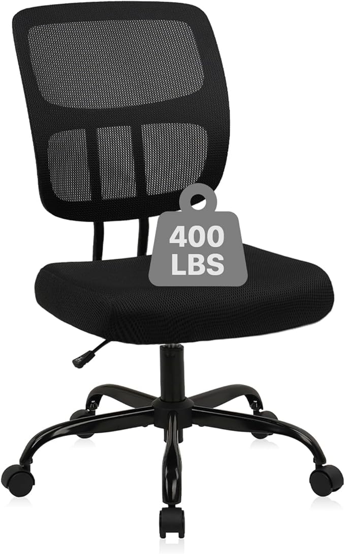 CLATINA Armless Home Office Chair, Small Ergonomic Mesh Back Desk Chair with Lumbar Support and Wheels, Adjustable Height 360° Swivel Rolling Computer Task Chair for Conference Waiting, Black