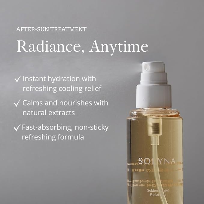 SOLYNA Golden Sunset Facial Spray 80ml Korean After-Sun Hydrating Facial Mist with Aloe Vera, Centella Asiatica (Cica) and Chamomile | Soothes & Calms Sunlit Skin