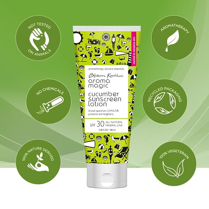Aroma Magic Cucumber Sunscreen Lotion with SPF 30 | Non-Nano Zinc Oxide Mineral Sunblock | Broad Spectrum UVA/UVB Sun Protection | Soothes & Cools Sensitive Skin | 3.38 Fl Oz/100ml