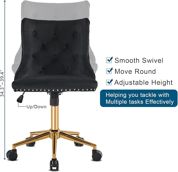 VINGLI Black Velvet Armless Home Office Desk Chair with Gold Base/Wheels, Small Cute Vanity/Makeup Chair with Back for Bedroom, Upholstered Adjustable Rolling Swivel Nail Chair for Women/Girls