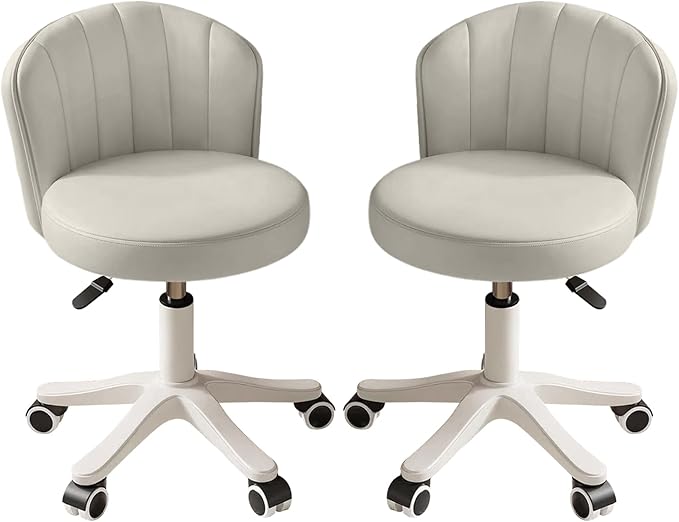 Small Round Rolling Desk Chair Armless Comfy Vanity Computer Chair with Low Backrest PU Leather Height Adjustable Swivel Work Spa Chair
