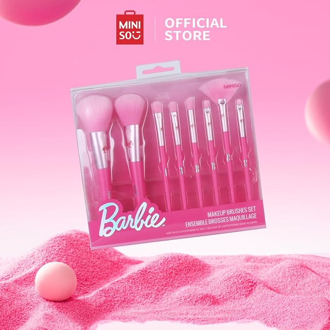 MINISO Barbie Makeup Brush Set 8 pcs Premium Synthetic Fiber Cosmetic Brushes for Foundation Blush Eyeshadow, Gift for Women Girls, Pink