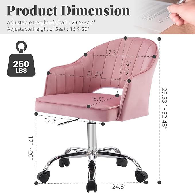 MOJAY Modern Vanity Chair with Wheels, Mid-Back Cutout Velvet Home Office Chair, Swivel Height-Adjustable Soft Seat Cute Desk Chair with Arm Support (Rose Pink)
